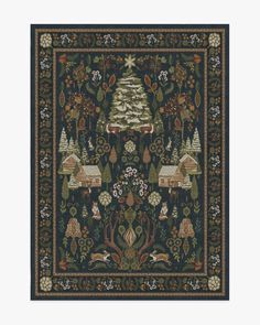 a christmas tree is shown in the middle of a rug with trees and houses on it