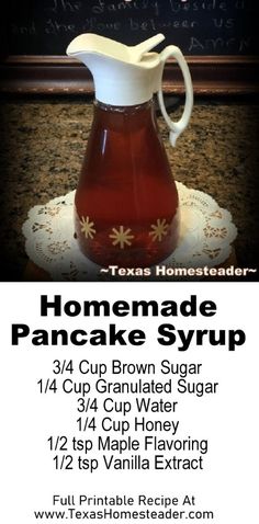 a poster for a homemade pancake syrup recipe with instructions on how to make it