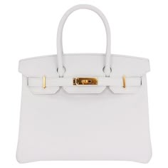 Brand: Hermès Style: Birkin Size: 30cm Color: White Material: Epsom Leather Hardware: Gold (GHW) Dimensions: 11.75" W x 9.5" H x 6" D Handle Drop: 5" White Hermes Bag, White Luxury Bag, White Birkin Bag, Hermes Himalayan, White Birkin, Birken Bag, Hermes Style, Luxury Bags Collection, Givenchy Bag