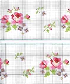 a cross stitch pattern with pink flowers on the front and back of it, in two rows