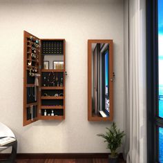 a room with a mirror and some shelves on the wall next to a potted plant