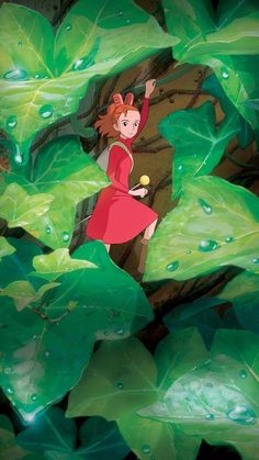 a girl in a red dress standing on top of a green leaf covered tree branch