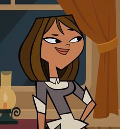 an animated woman with her hand on her hip and looking at the camera while standing in front of a window