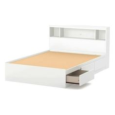 a white bed frame with two drawers on each side and an open drawer underneath it