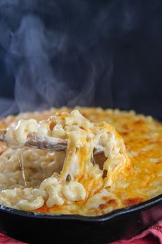 a skillet filled with macaroni and cheese