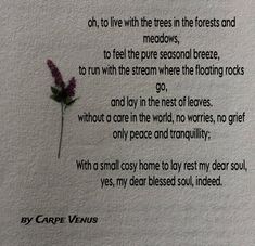 oh, to live with the trees in the forests and meadows 
to feel the pure seasonal breeze 
to run with the stream where the floating rocks go
and lay in the nest of leaves
without a care in the world, no worries, no grief 
only peace and tranquillity; 

With a small cosy home to lay rest my dear soul, 
yes, my dear blessed soul, indeed. Weird Words, Anime Quotes Inspirational, Literature Art, Anime Quotes, Poetry Books, Poets, No Worries, Literature, Poetry