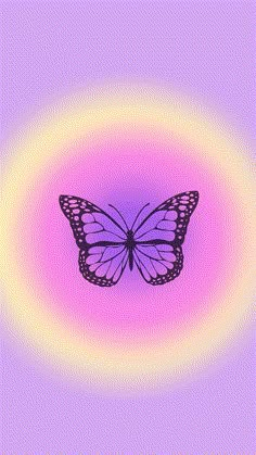 a purple butterfly flying in the air over a pink and yellow circle with an orange center