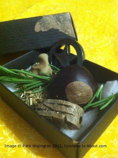 an assortment of mushrooms in a box on a yellow tablecloth with the lid open