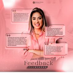 a woman with her arms crossed standing in front of a pink background that says feedback consulting