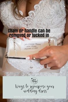 a woman in a wedding dress holding a purse with the words, chain or handle can be removed or touched in