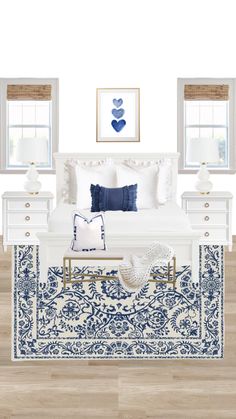 a white bedroom with blue and white decor on the bed, nightstands and windows