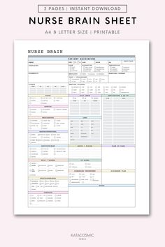 the printable nurse brain sheet for nurses is shown in white and has pink lettering on it