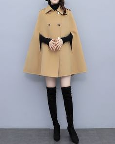 * A cool wool cape coat, very elegant. * With double breasted gold buttons, very beautiful. * If you want black buttons, please let us know, thanks. * Material: out shell - 50% wool, 50% polyester; lining - 100% polyester * Care: dry cleanable * Shop sizing chart FYI ( made according to US sizing. actual body figures, not laying flat clothes measurements) Size XS (US 2, UK 6, German 32, French 34, ) Bust: fits bust around 33.5 inches/85cm Waist: fits waist around 26 inches/66cm Hips: fits hips a Black Jacket Outfit Women Winter, Chic Winter Wool Cape Coat, Chic Fall Cape Wool Coat, Beige Cape For Winter Workwear, Chic Winter Capelet, Elegant Long Coat Cape For Winter, Elegant Winter Long Coat Cape, Elegant Long Winter Cape, Elegant Wool Capelet For Winter