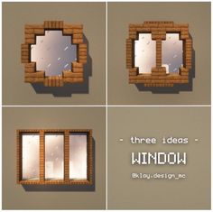 there are four different mirrors on the wall and one is made out of wood bricks