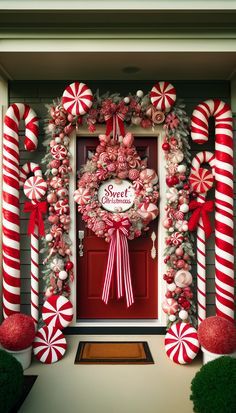 candy canes and wreath on the front door