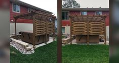 two pictures side by side of a house and one with a hot tub in the middle