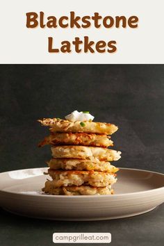 stack of black stone latkes on a plate with text overlay that reads, stack of black stone latkes