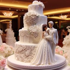 a bride and groom are standing next to a wedding cake