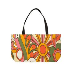 Ready for an unexpected weekend getaway? Got some sun, sand and surf in mind? Then you don't want to be without our Retro Groovy Weekender Tote Bag! This funky mid mod beach bag will help get you and all your essentials there in style. Featuring a vibrant 70s Sunburst Floral design, this 100% spun polyester bag offers a roomy interior lined with black fabric for all your gear. The stylish detailing, like the t-bottom construction and black handles, make it the perfect carryall - whether you're h Vintage Canvas Shoulder Bag For Summer, Retro Canvas Shoulder Bag, Retro Tote Bag For Vacation, Retro Vacation Tote Bag, Multicolor Shoulder Bag For Weekend, Vintage Bags For Summer Vacation, Vintage Summer Vacation Bags, Multicolor Retro Shoulder Bag For Beach, Retro Multicolor Shoulder Bag For Beach