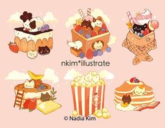 cartoon characters with food and drinks in their hand, including cake, ice cream, popcorn, milkshake