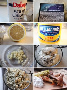 four pictures showing different ingredients for an ice cream and cake mix, including lemons, bacon, blue cheese crumbs, sour cream, and other items