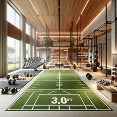 an indoor gym with rows of treadmills and exercise mats on the floor in front of large windows