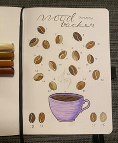 an open notebook with coffee and nuts on it