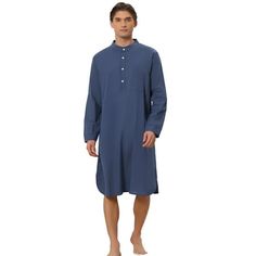 Get cool and comfy in this cotton pajama set with a banded collar, three button-down closures, and a single chest pocket design. This cotton pajama dress is great for comfort as well as a feel. The design will make you look stylish and relaxed by wearing it while you sleep. Occasions: Suitable for Father's day, casual, holiday leisure, travel, and daily wear. Model Body Size: Height: 6'7", Chest: 38 2/8 inches, Waist: 30 6/8 inches, Hip: 42 1/8 inches, Weight: 175 lbs, model is wearing a size L. Mens Nightshirts, Men's Nightgown, Cotton Pajama Set, Navy Outfit, Pajama Dress, Cotton Pajama Sets, Mens Band, Cotton Pyjamas, Sleep Shirt