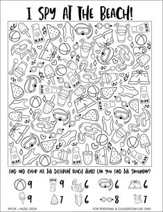 i spy at the beach coloring page for kids to color and practice their handwriting skills