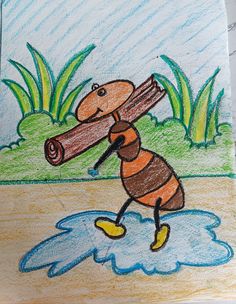 a child's drawing of a bee carrying a large piece of wood in the rain