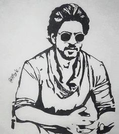 a black and white drawing of a man with sunglasses