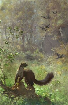 a painting of a squirrel on a tree stump in the woods with birds flying overhead