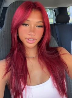 Fuschia Red Hair, 2020 Hair Trends Colour, Bright Red Pink Hair, Red Hair Grown Out Roots, Pinkish Red Hair Color, Cherry Crush Hair Color, Redish Pinkish Hair, Red Hair Inspo Highlights, Red And Magenta Hair