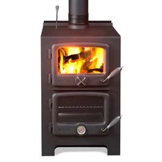 a wood burning stove with an open door on the front and side, against a white background