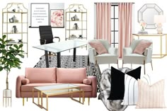 a living room filled with furniture and pink accents on top of a white flooring