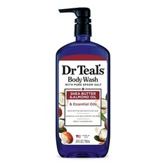 Soak in essential oils and nourishment when you use Dr Teals Shea Butter & Almond Body Wash with Pure Epsom Salt. Experience the moisturizing power of shea butter, almond oil, and aloe vera with every single use while our signature Pure Epsom Salt ingredient works to ease muscle aches and pains. Gently cleanse away impurities and leave your skin feeling fresh, moisturized, and glowing. Additionally, you can blend this body wash with any of your favorite Dr Teals Pure Epsom Salt Soaks to create a Dr Teals Body Wash, Dr Teals, Bath Additives, Oil Body Wash, Oil For Dry Skin, Foaming Bath, Essential Oils For Skin, Hemp Seed Oil, Epsom Salt