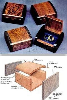 three different types of jewelry boxes with instructions on the front and back, one is made out of wood