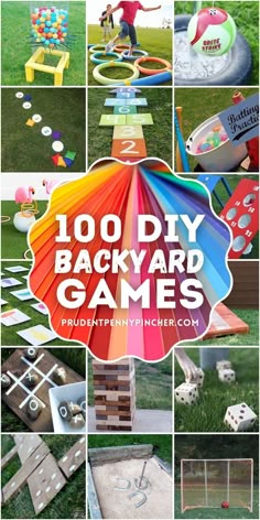 a collage of different pictures with the words, 100 diy backyard games