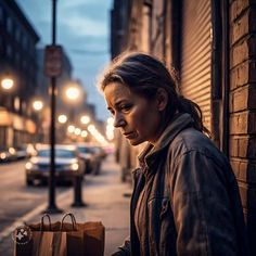 a woman standing on the side of a street next to a building holding a shopping bag