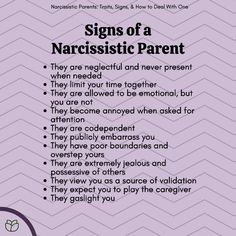 a purple poster with the words signs of a narcissistic parent on it