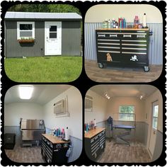 four different shots of the inside of a small house with various tools and accessories on it