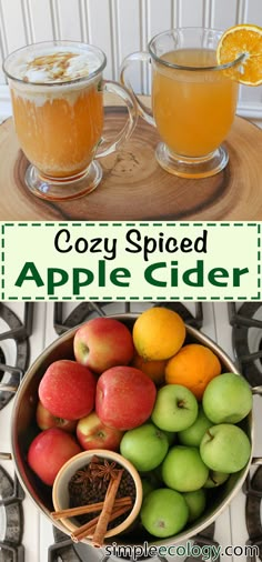 two glasses of cozy spiced apple cider with cinnamon and apples