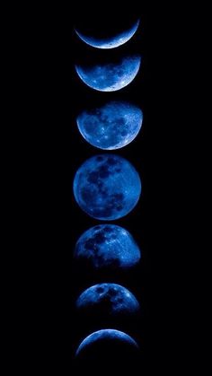 five phases of the moon are shown in dark blue hues, with one half lit up