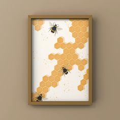 two bees are sitting on the honeycombs in front of a brown framed wall