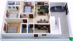 this is a 3d view of a house with the living room and bedroom in it