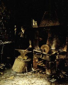 a painting of a man working in an old fashioned workshop by after - reproduction from the 17th century oil on canvas