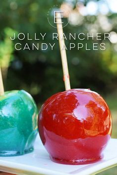 two candy apples sitting on top of a white plate with sticks sticking out of them