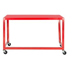 a red table sitting on top of a metal frame with casteors and wheels in front of a white background