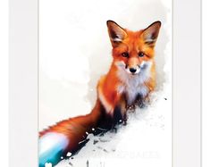 a painting of a red fox sitting on top of a snow covered ground in front of a white frame