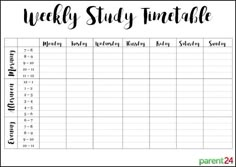 the printable weekly study timetable is shown in black and white, with numbers on it